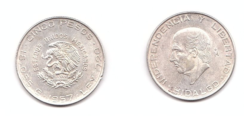 Мексика - 5 Pesos 1957 - срібло - VF+