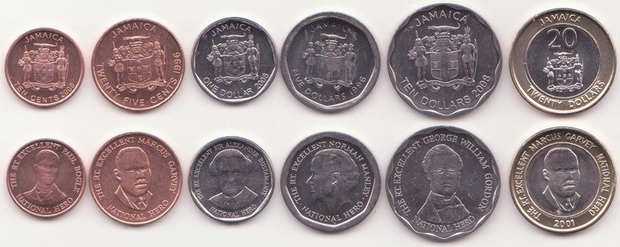 Jamaica - 5 pcs x Set 6 Coins 10 25 Cents 1 5 10 20 Dollars 1996 - 2008 - UNC