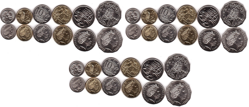 Австралия - 3 шт х набор 6 монет 5 10 20 50 Cents 1 2 Dollars 2000 - 2012 - UNC