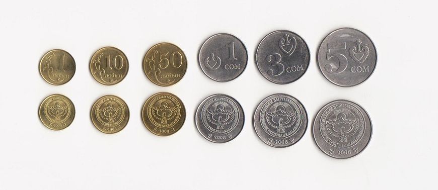 #2 - Киргизия - 5 шт х набор 6 монет 1 10 50 Tyiyn 1 3 5 Som 2008 - 2009 - UNC