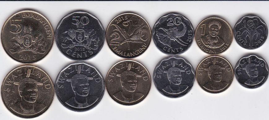 Свазіленд - 5 шт х набір 6 монет 10 20 50 Cents 1 2 5 Emalangeni 2015 - UNC