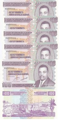 Бурунди - 5 шт х 100 Francs 2011 - P. 44b - UNC
