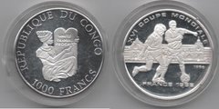 Конго - 1000 Francs 1996 - Чемпионат мира по футболу 1998 - серебро Ag. 999 в капсуле - UNC