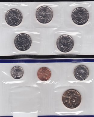США - набор 9 монет 1 Dime 1 5 Cents + 1/4 1 Dollar 2000 - P - в конверте - UNC
