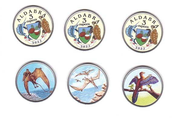 Fantasy - Aldabra - 5 pcs x set 3 coins x 3 Rupees 2023 - Dinosaurs - UNC