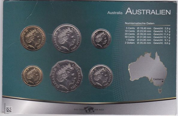 Австралия - набор 6 монет 5 10 20 50 Cents 1 2 Dollars 2011 - 2012 - в картонке №2 - UNC