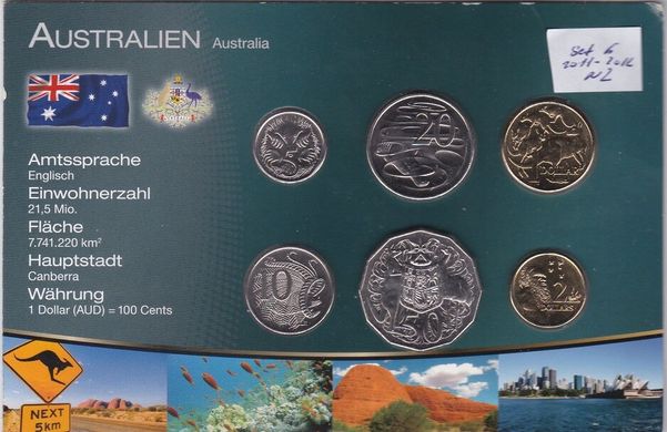 Австралия - набор 6 монет 5 10 20 50 Cents 1 2 Dollars 2011 - 2012 - в картонке №2 - UNC