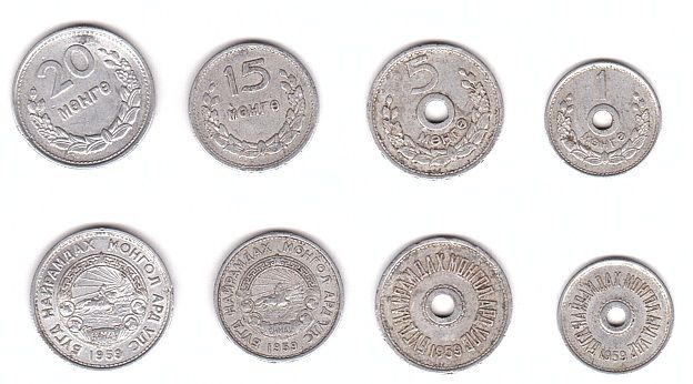 Монголия - набор 4 монеты 1 5 15 20 Mongo 1959 - VF