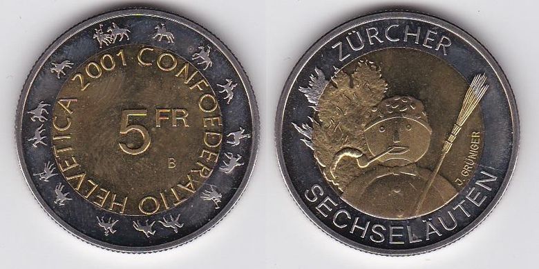 Швейцарія - 5 Francs 2001 - Проводи зими в Цюріху - aUNC