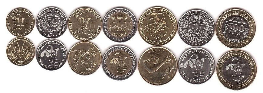 Західна Африка - набір 7 монет 5 10 25 50 100 200 500 Francs 2004 - 2012 - UNC