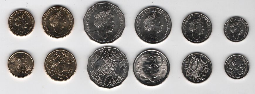 Австралия - набор 6 монет 5 10 20 50 Cents 1 2 Dollars 2019 - 2020 - UNC