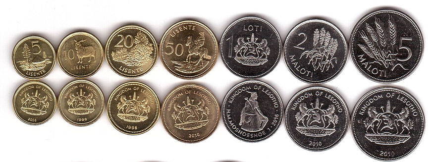 Lesotho - set 7 coins 5 10 20 50 Lisente 1 2 5 Maloti 1998 - 2016 - UNC