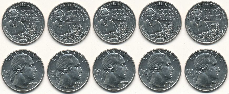 США - 5 шт. X 1/4 ( Quarter ) Dollar (25 Cents) 2022 - D - Ніна Отеро-Уоррен -;Американські жінки - UNC