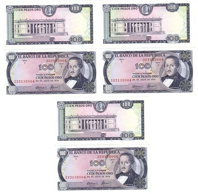 Colombia - 5 pcs x 100 Pesos 1974 - P. 415 - aUNC / XF+