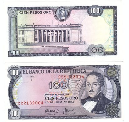 Колумбія - 5 шт. X 100 Pesos 1974 - P. 415 - aUNC / XF+