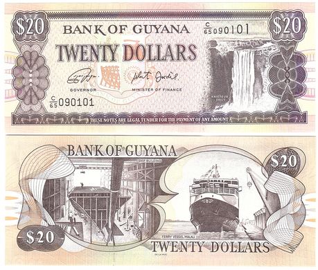 Guyana - 20 Dollars 2019 - P. 30g - signatures: Dr. Bobind Ganga and Winston Jordan - UNC