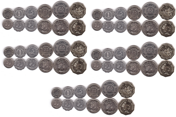 Беліз - 5 шт х набір 6 монет 1 5 10 25 50 Cents 1 Dollar 1991 - 2007 - UNC