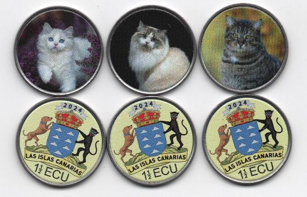 Fantasy - Canary Islands - 5 pcs х set 3 coins x 1 1/2 Ecu 2024 - Cats - UNC