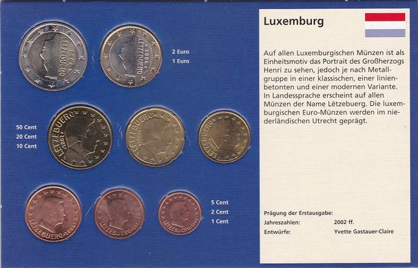 Luxembourg - set 8 coins 1 2 5 10 20 50 Cent 1 2 Euro 2002 - 2004 - in folder - UNC