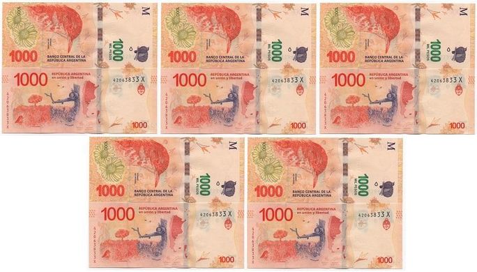 Аргентина - 5 шт х 1000 Pesos 2017 - P. 366(4) - UNC
