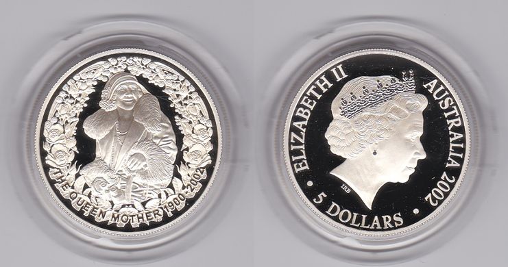 Австралия - 5 Dollars 2002 - The Queen Mother - серебро - в капсуле - UNC