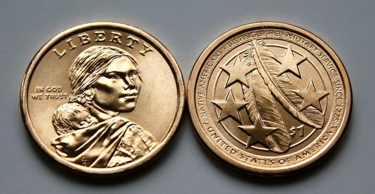 США - 1 Dollar 2021 - D - Сакагавея Перья орла Американские индейцы в армии с 1775 г - UNC