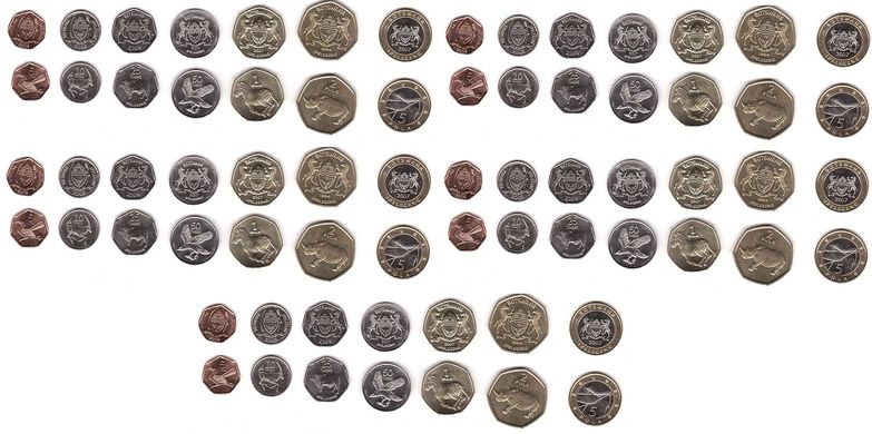 Botswana - 5 pcs x set 7 coins - 5 10 25 50 Thebe 1 2 5 Pula 1994 - 2009 - UNC