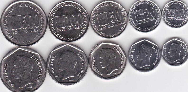 Венесуэла - 5 шт х набор 5 монет 10 20 50 100 500 Bolivares 2002 - 2004 - UNC