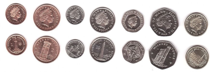 Isle of Man - 5 pcs x set 7 coins 1 2 5 10 20 50 Pence 1 Pound 2009 - UNC