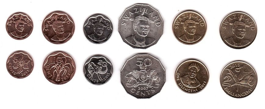 Swaziland - 5 pcs x set 6 coins 5 10 25 50 Cents - 1 2 Emalangeni 2007 - 2015 - UNC