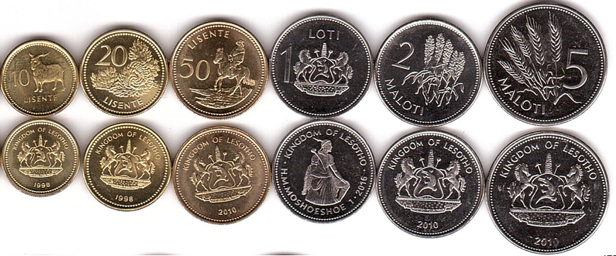 Lesotho - set 6 coins 10 20 50 Lisente 1 2 5 Maloti 1998 - 2016 - UNC