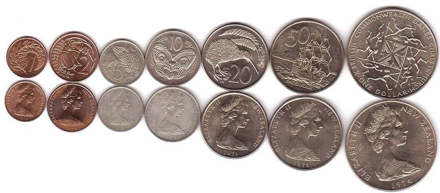 Нова Зеландія - набір 7 монет 1 2 5 10 20 50 Cents 1 Dollar 1974 - aUNC / XF+