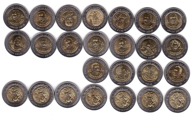 Мексика - 18 шт x 5 Pesos 2008 - 2010 - Mexican Revolution - UNC