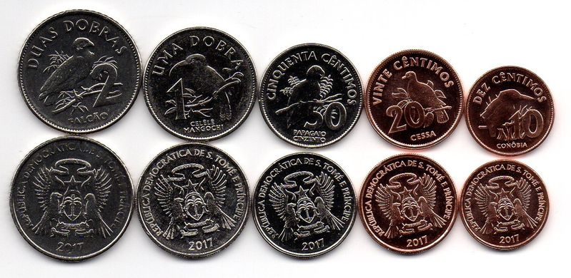 Сан-Томе и Принсипи - 5 шт х набор 5 монет 10 20 50 Centavos 1 2 Dobras 2017 - UNC