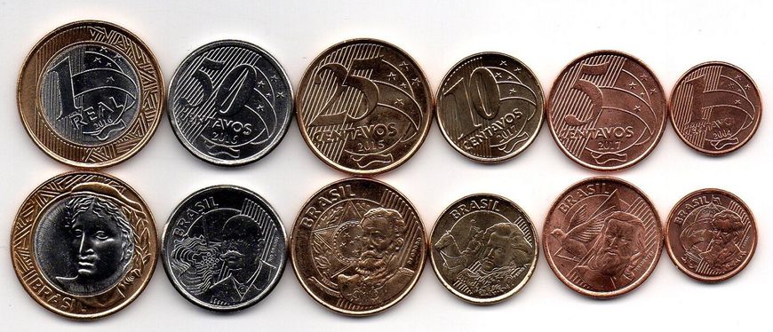 Бразилія - ​​набір 6 монет - 1 5 10 25 50 Cent 1 Rial 2004 - 2017 - UNC