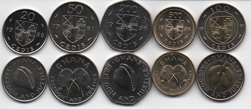 Ghana - 5 pcs х set 5 coins 20 50 100 200 500 Cedis 1991 - 1996 - UNC