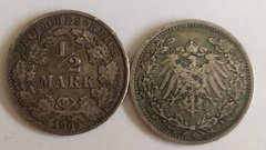 Германия - 1/2 Mark 1905 - Ag900 - серебро - VF / F