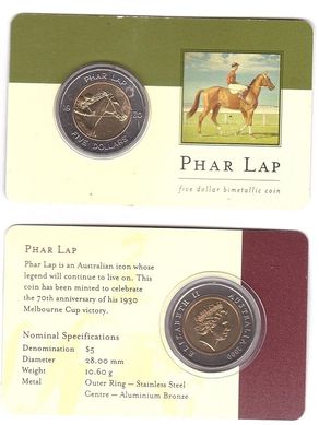 Австралія - ​​5 Dollars 2000 - Phar Lap - in folder - UNC