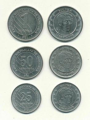 Venezuela - 5 pcs x set 3 coins 25 + 50 Centimos + 1 Bolivar 2021 - UNC