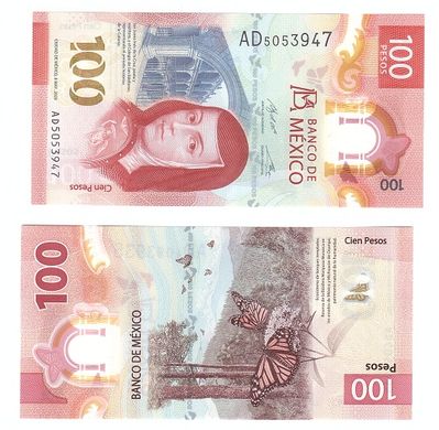 Мексика - 100 Pesos 2020 - serie AD - Polymer - Бабочка - UNC