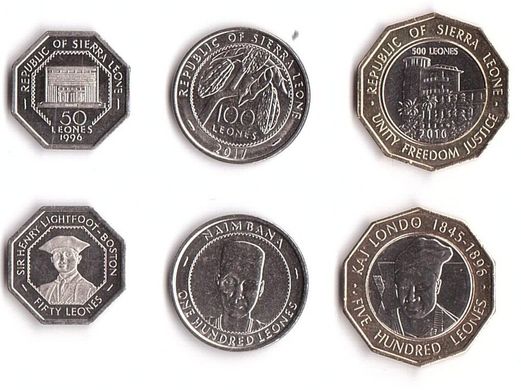 Сьєрра-Леоне - набір 3 монети 50 100 500 Leones 1996 - 2017 - UNC