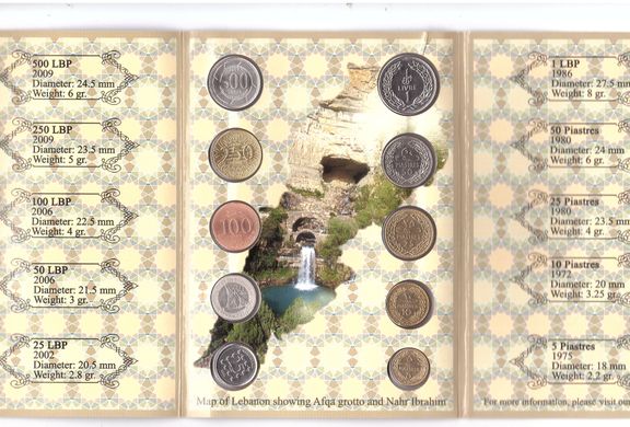 Ливан - Mint набор 10 монет 5 10 25 50 Piastres 1 Livre 25 50 100 250 500 Livres 1972 - 2012 - in folder - UNC