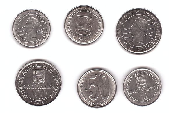 Венесуэла - 5 шт х набор 3 монеты 10 50 100 Bolivares 2009 - 2016 - UNC
