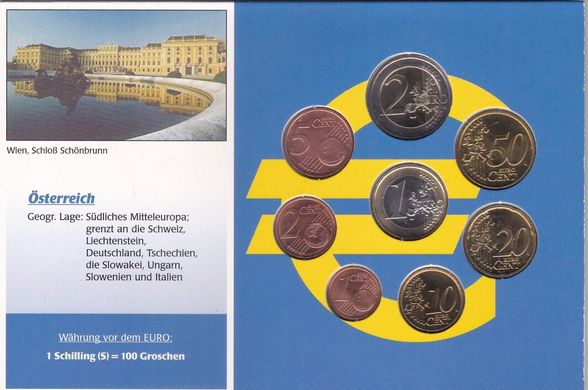 Austria - set 8 coins - 1 2 5 10 20 50 Cent 1 2 Euro 2002 - 2008 - in folder - UNC