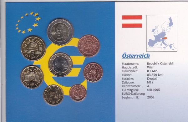 Австрия - набор 8 монет - 1 2 5 10 20 50 Cent 1 2 Euro 2002 - 2008 - in folder - UNC