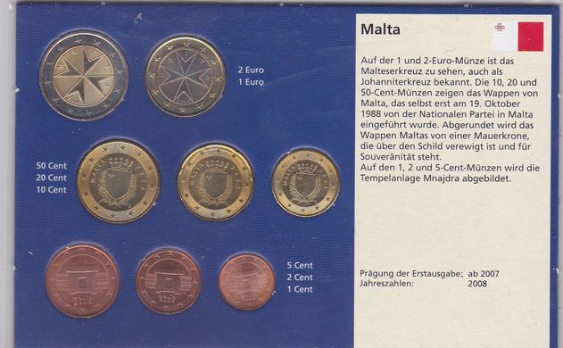 Мальта - набор 8 монет 1 2 5 10 20 50 Cents 1 2 Euro 2008 - в синем буклете - UNC