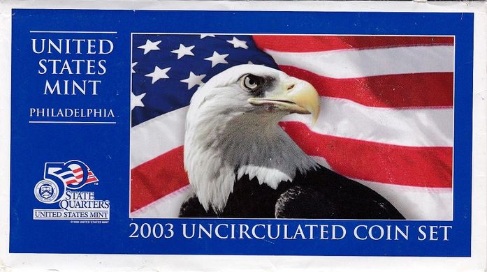 США - набор 9 монет 1 Dime 1 5 Cents + 1/4 1 Dollar 2003 - P - в конверте - UNC