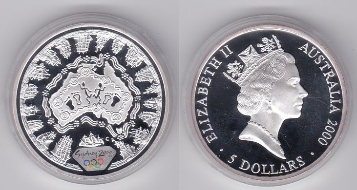 Австралия - 5 Dollars 2000 - Контуры стран в кружках - серебро - в капсуле - UNC
