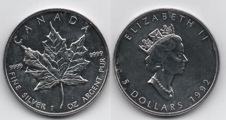 Канада - 5 Dollars 1992 - Кленовий лист - срiбло - XF+