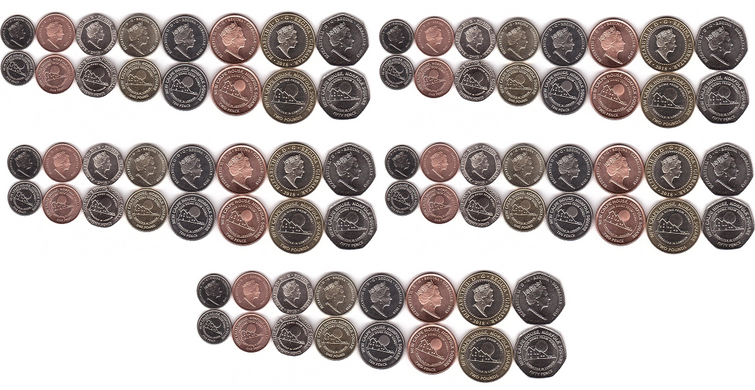 Гібралтар - 5 шт х набір 8 монет 1 2 5 10 20 50 Pence 1 2 Pounds 2018 - UNC